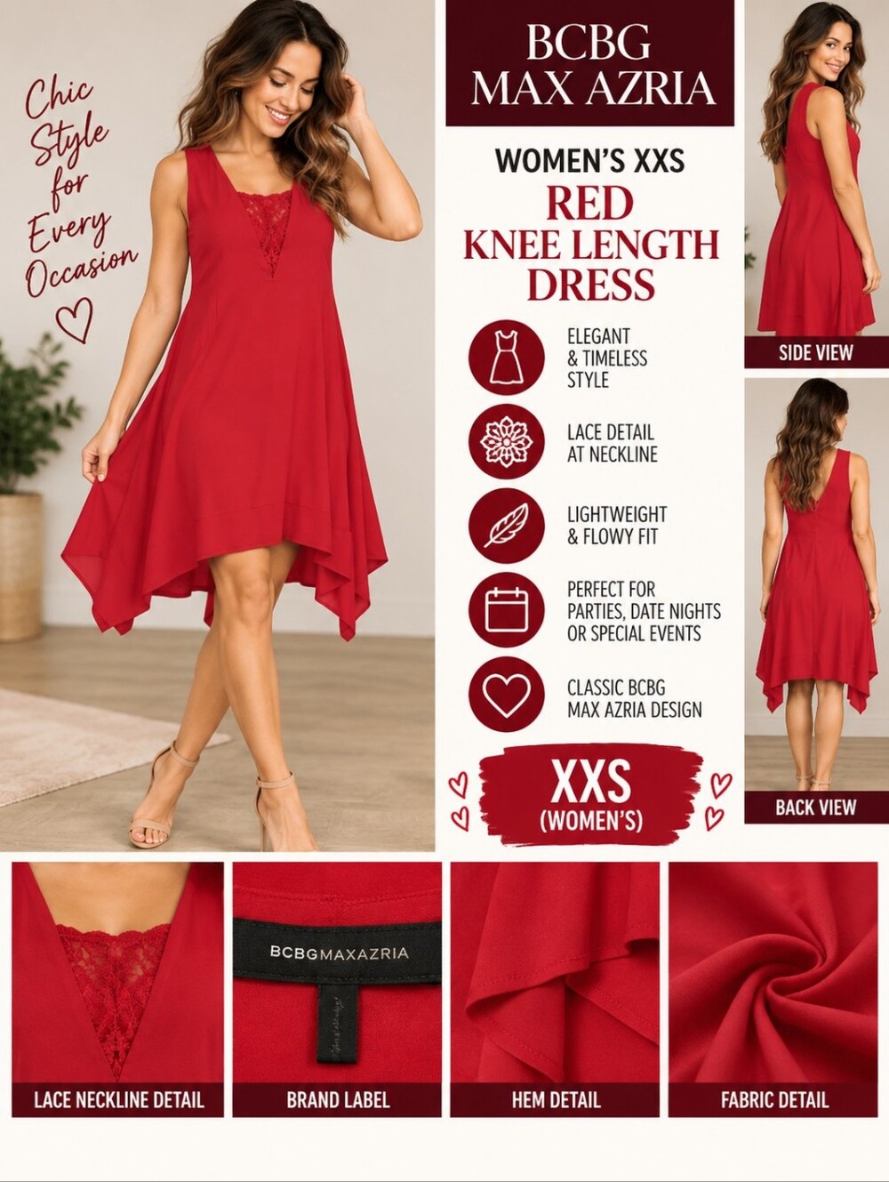 BCBG Maxazria women's XXS red knee length dress #34